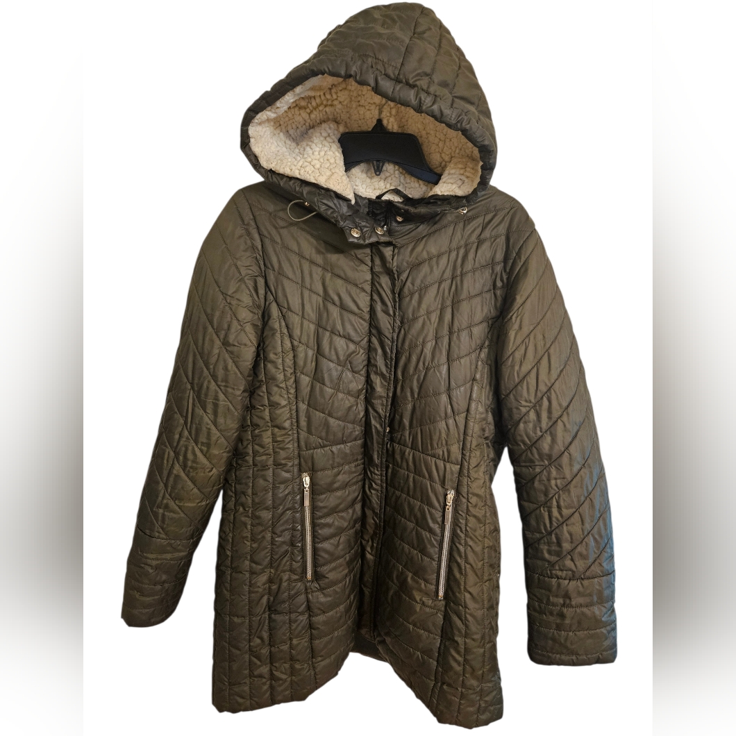 Giacca Quilted Puffer Jacket Dark Green Sherpa Hood Zipper Pockets Sz M *Read